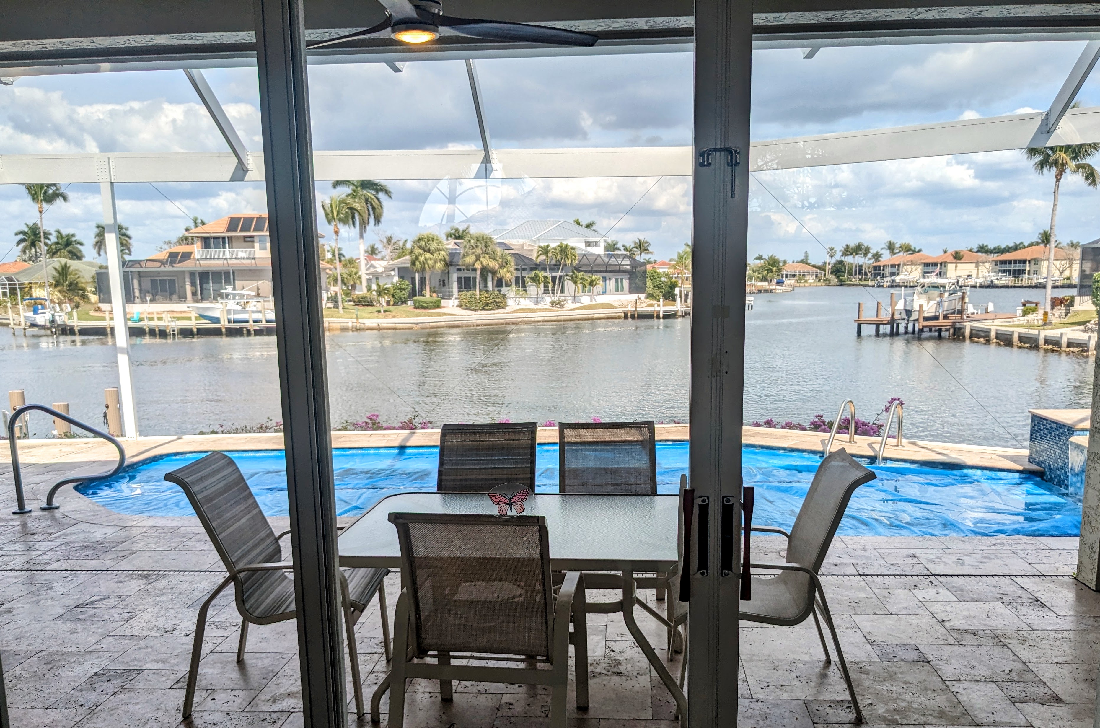 View over the patio and pool